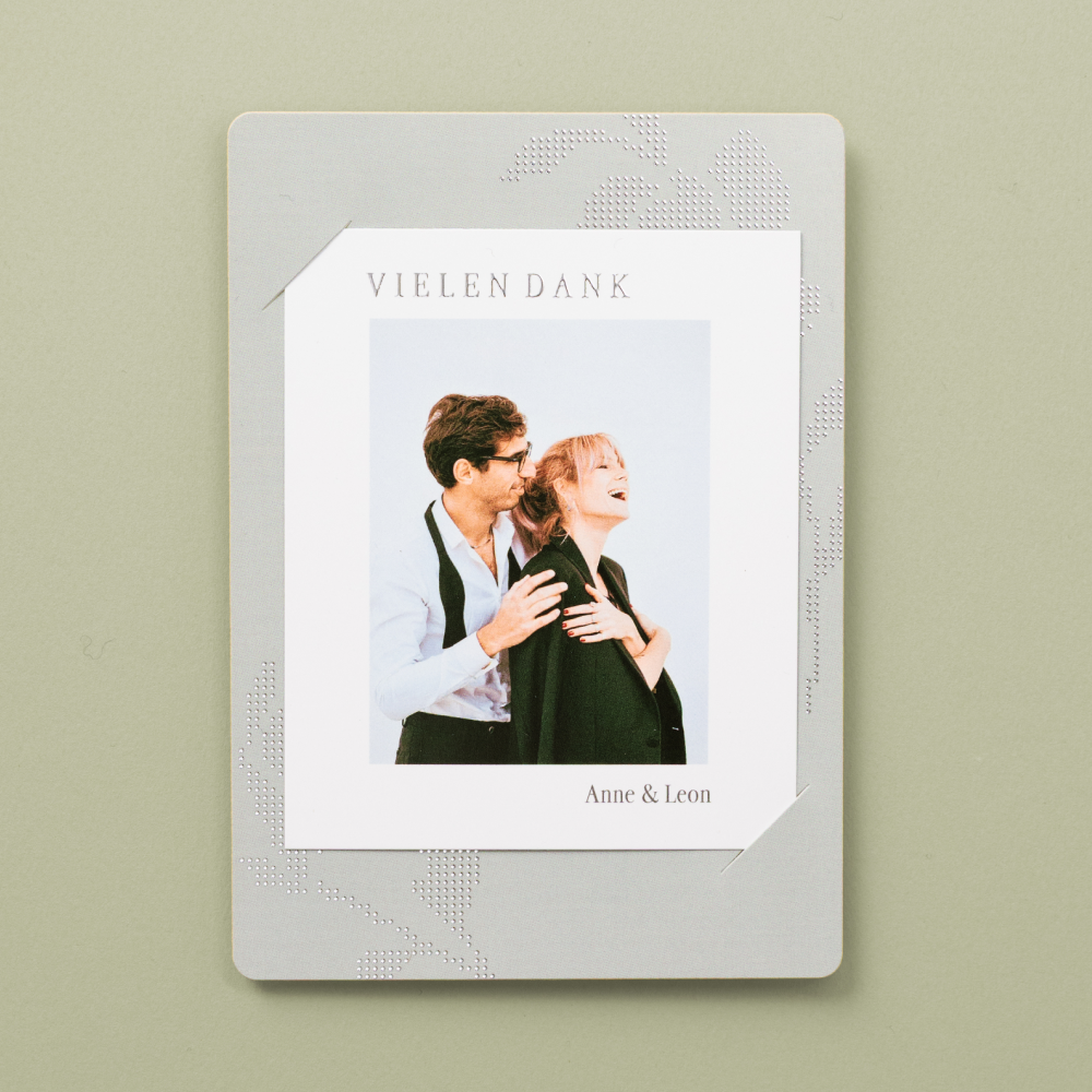 Dankeskarten Hochzeit mit Foto in eucalyptus mit Silberfolie, Postkarten-Duo als Danksagungskarte Hochzeit, Hochzeit Danksagung Flower Delicacy mit.