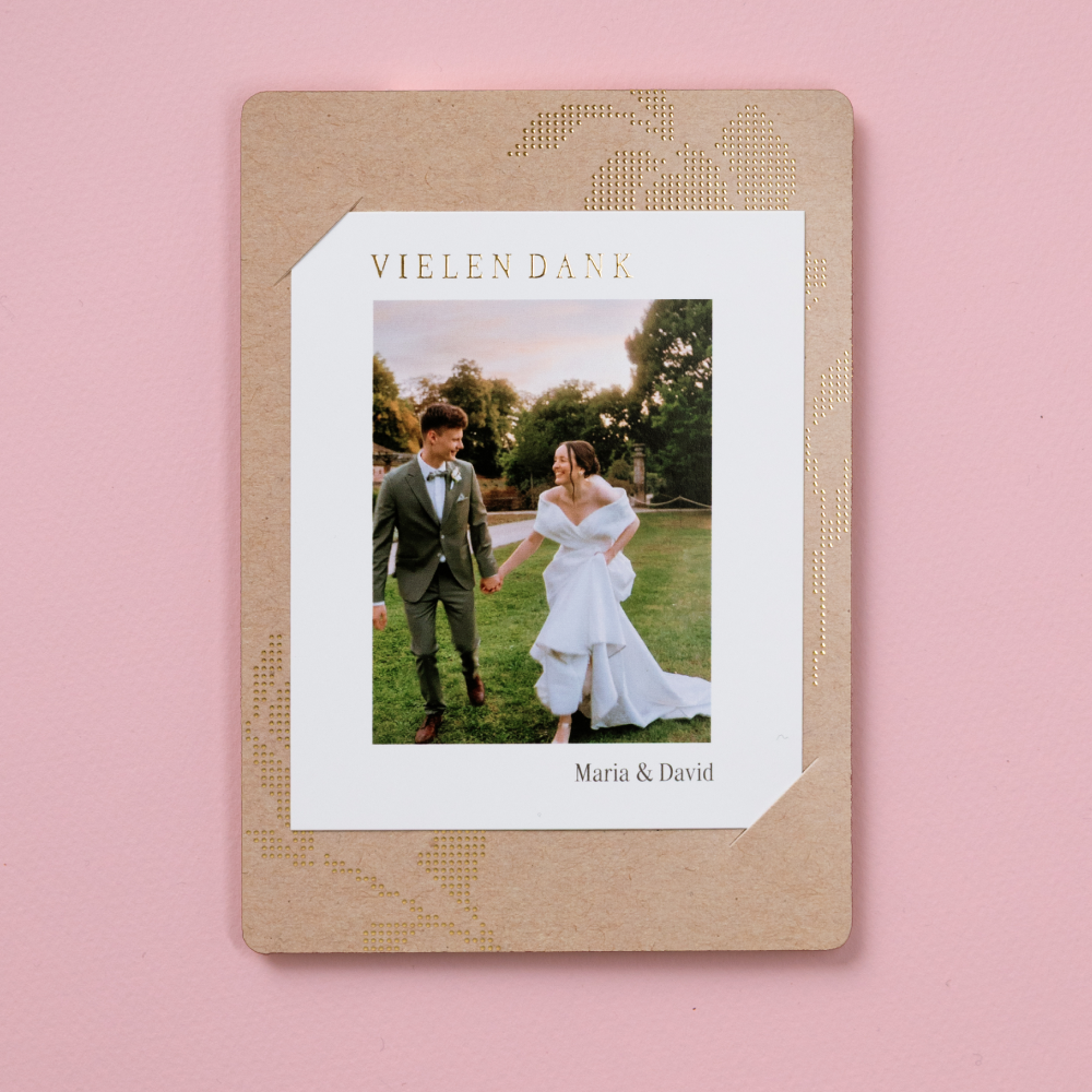 Dankeskarten Hochzeit mit Foto in beigebraun mit Goldfolie, Postkarten-Duo als Danksagungskarte Hochzeit, Hochzeit Danksagung Flower Delicacy mit
