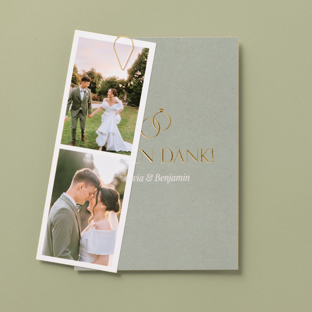 Dankeskarten Hochzeit mit Foto in eucalyptus mit Goldfolie, Postkarte mit Fotostreifen als Danksagungskarte Hochzeit, Hochzeit Danksagung Forever.