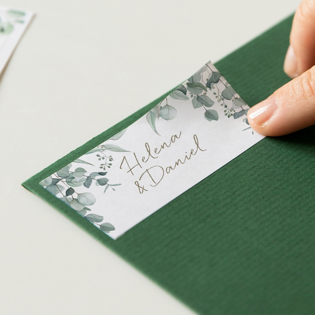 Aufkleber selbst gestalten. Aufkleber rechteckig in weiss. Personalisierte Aufkleber Soft Greenery als Hochzeitsdeko gestalten.. kartenmacherei