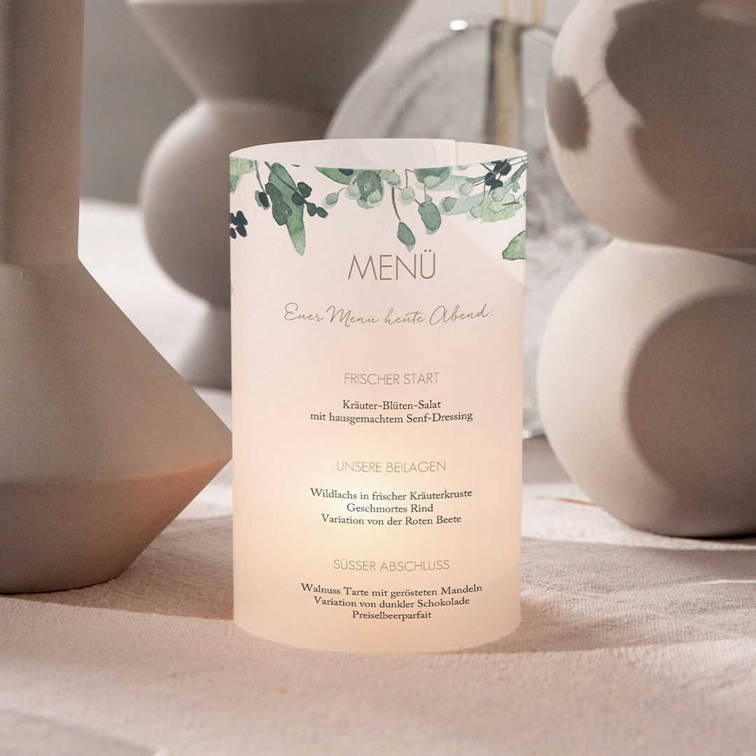 Menükarten, Getränkekarte Hochzeit, 5 Stück, Teelichtkarte mittel, Design: All The Greenery in weiss selbst gestalten. kartenmacherei