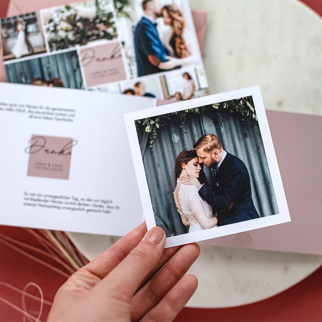 Dankeskarten Hochzeit mit Foto in misty rose, Mittlere Klappkarte flach mit Retro Bild als Danksagungskarte Hochzeit, Hochzeit Danksagung Lasting.