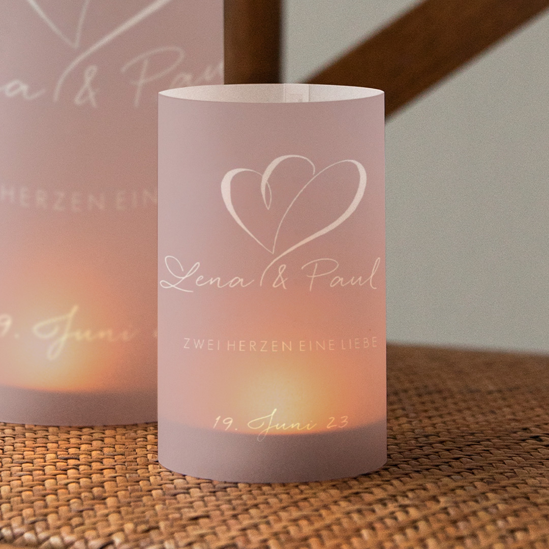 Windlichter Hochzeit selbst gestalten, 5 Stück, Design: Herz an Herz in taupe als Hochzeitsdeko oder Tischdeko. kartenmacherei