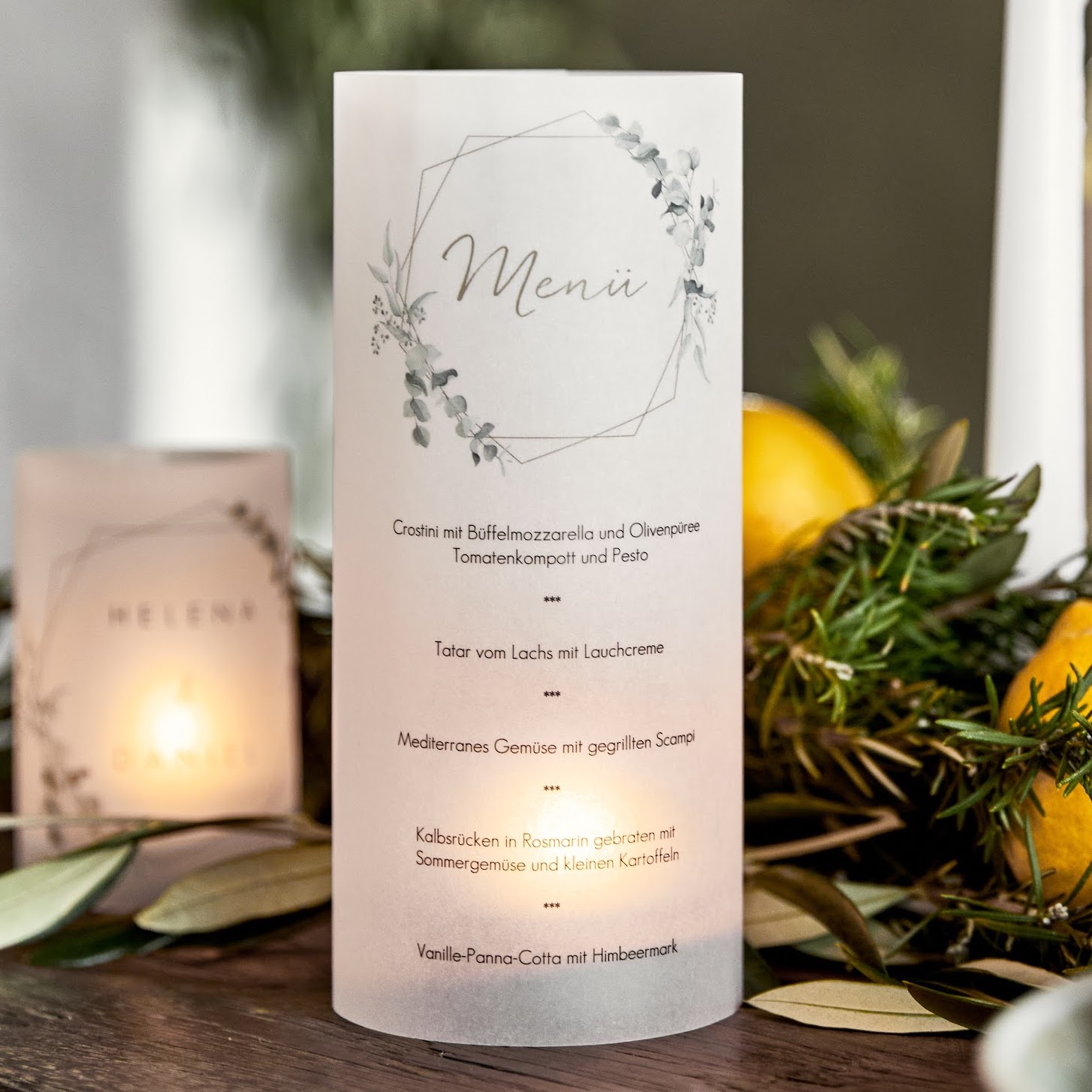 Menükarten, Getränkekarte Hochzeit, 5 Stück, Teelichtkarte mittel, Design: Soft Greenery in weiss selbst gestalten. kartenmacherei