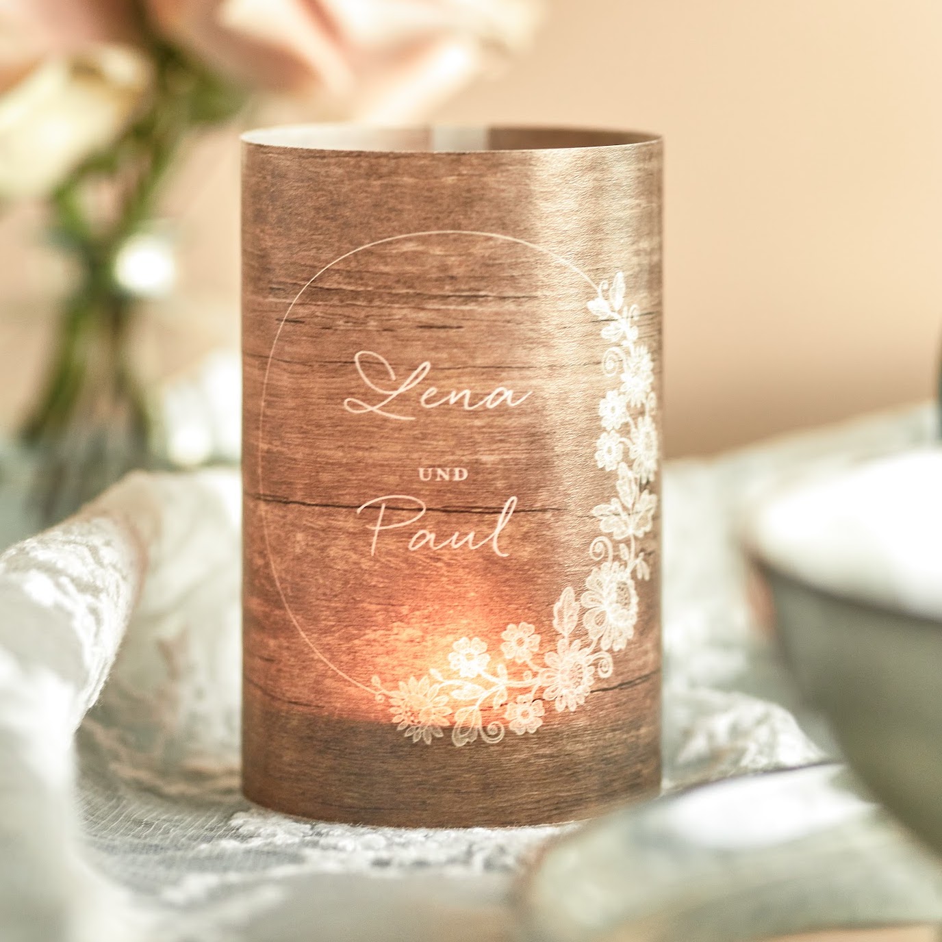 Windlichter Hochzeit selbst gestalten, 5 Stück, Design: Lace Loop in weiss als Hochzeitsdeko oder Tischdeko. kartenmacherei