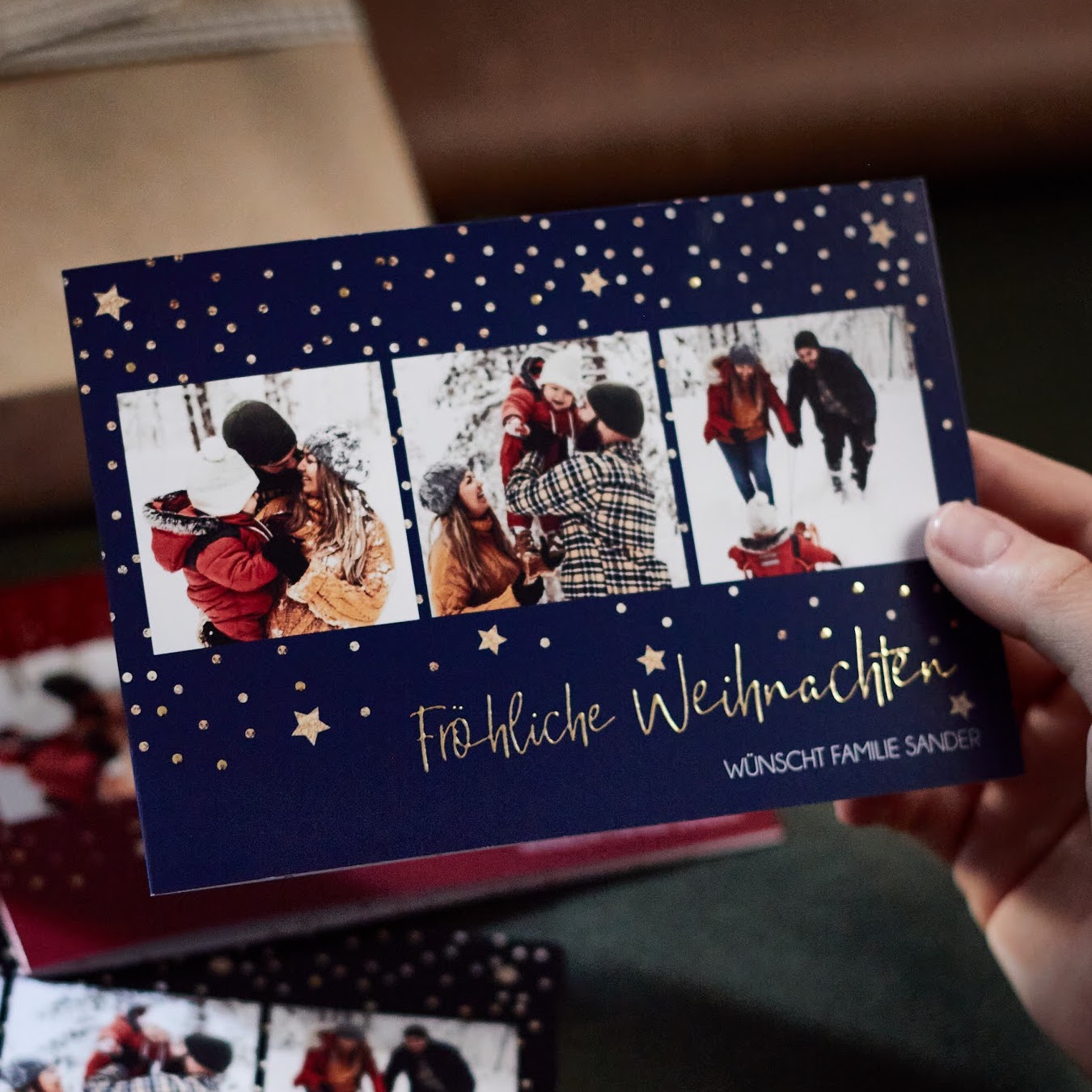 Weihnachtskarten gestalten mit Foto Mittlere Klappkarte flach in mitternachtsblau mit Goldfolie mit Spruch & Text selbst gestalten Design: Christmas.