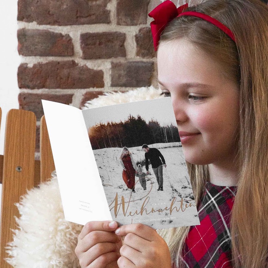 Weihnachtskarten gestalten mit Foto Mittlere Postkarte flach in weiss mit Goldfolie mit Spruch & Text selbst gestalten Design: Wonderful Life.