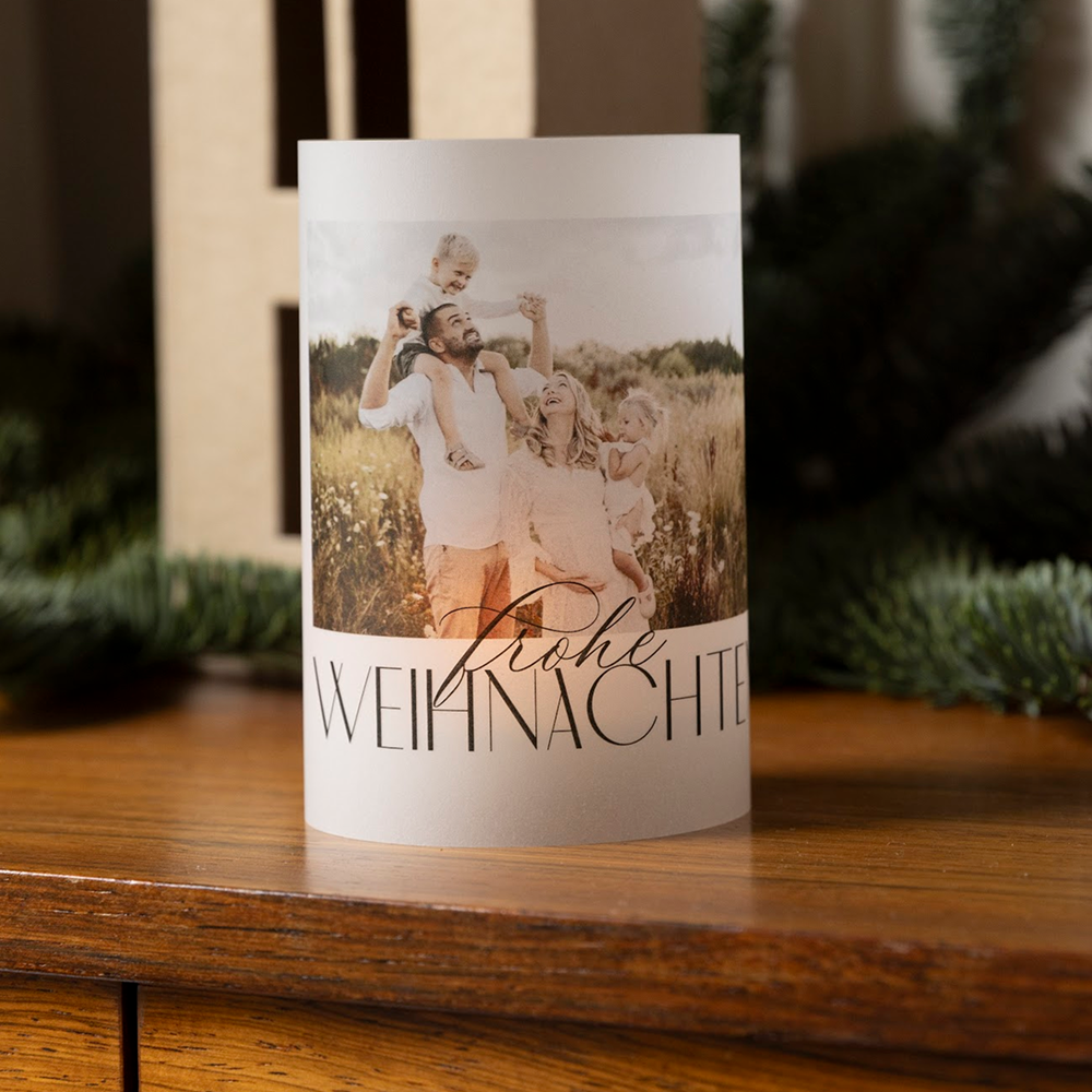 Windlicht Weihnachten Teelichtkarte klein in weiss Fotogeschenke, Weihnachtsgeschenke, Geschenkideen mit Foto Design: Simply Elegant. kartenmacherei