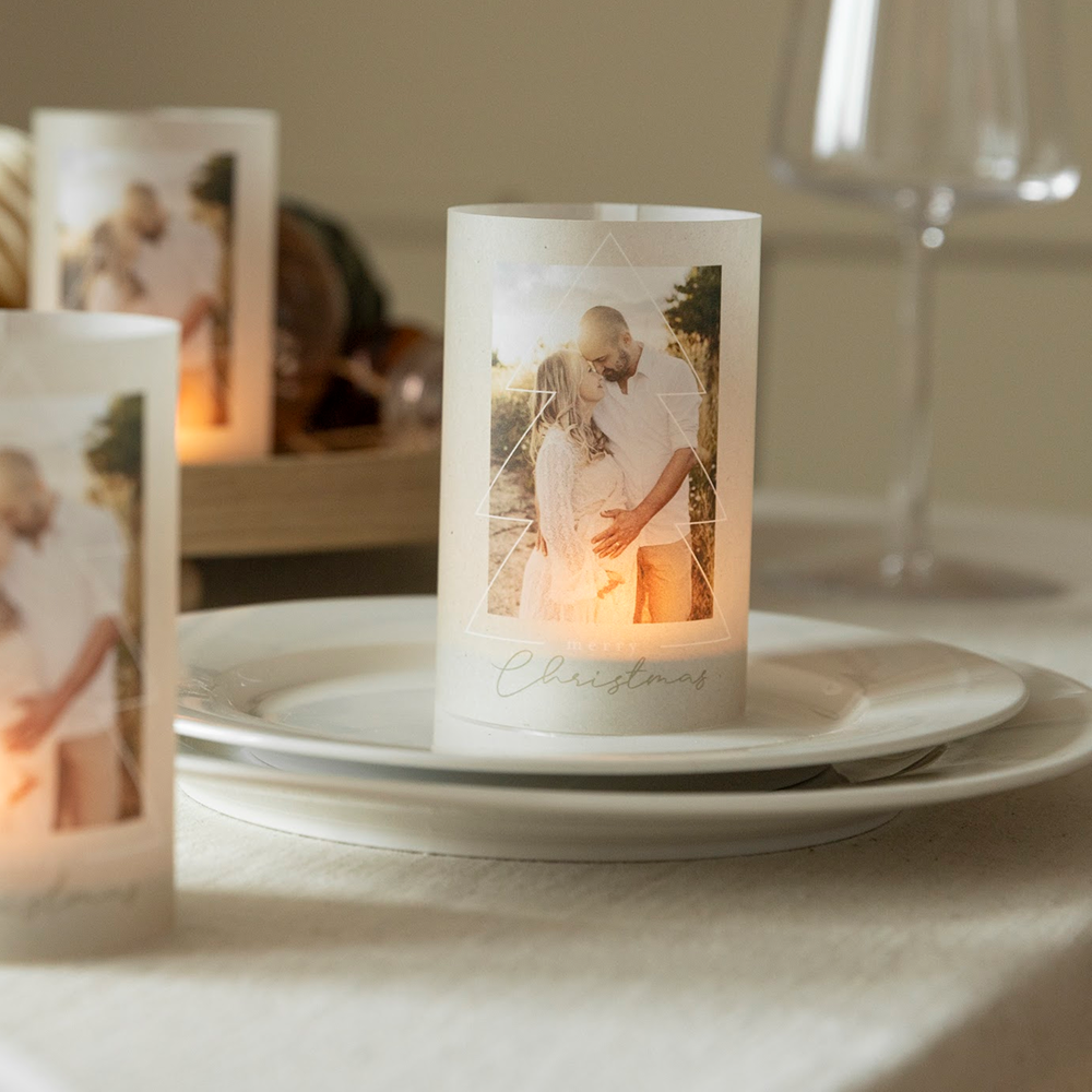 Windlicht Weihnachten Teelichtkarte klein in beigebraun Fotogeschenke, Weihnachtsgeschenke, Geschenkideen mit Foto Design: Shimmer. kartenmacherei