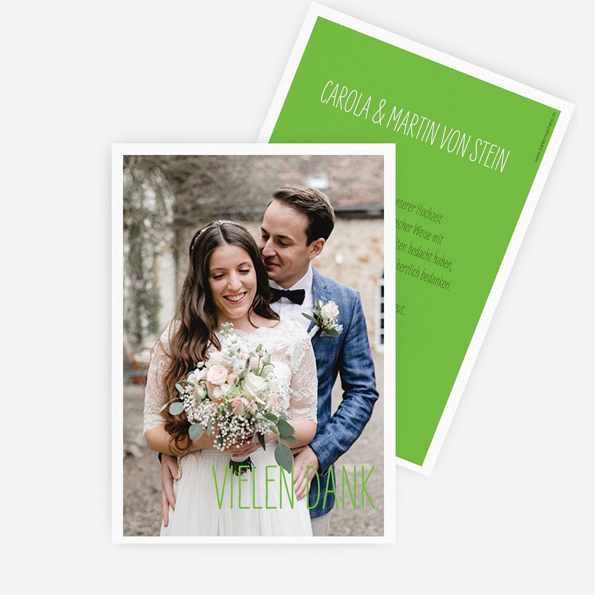 Dankeskarten Hochzeit mit Foto in hellgrün, Mittlere Postkarte hoch als Danksagungskarte Hochzeit, Hochzeit Danksagung Farbenpracht mit Text|