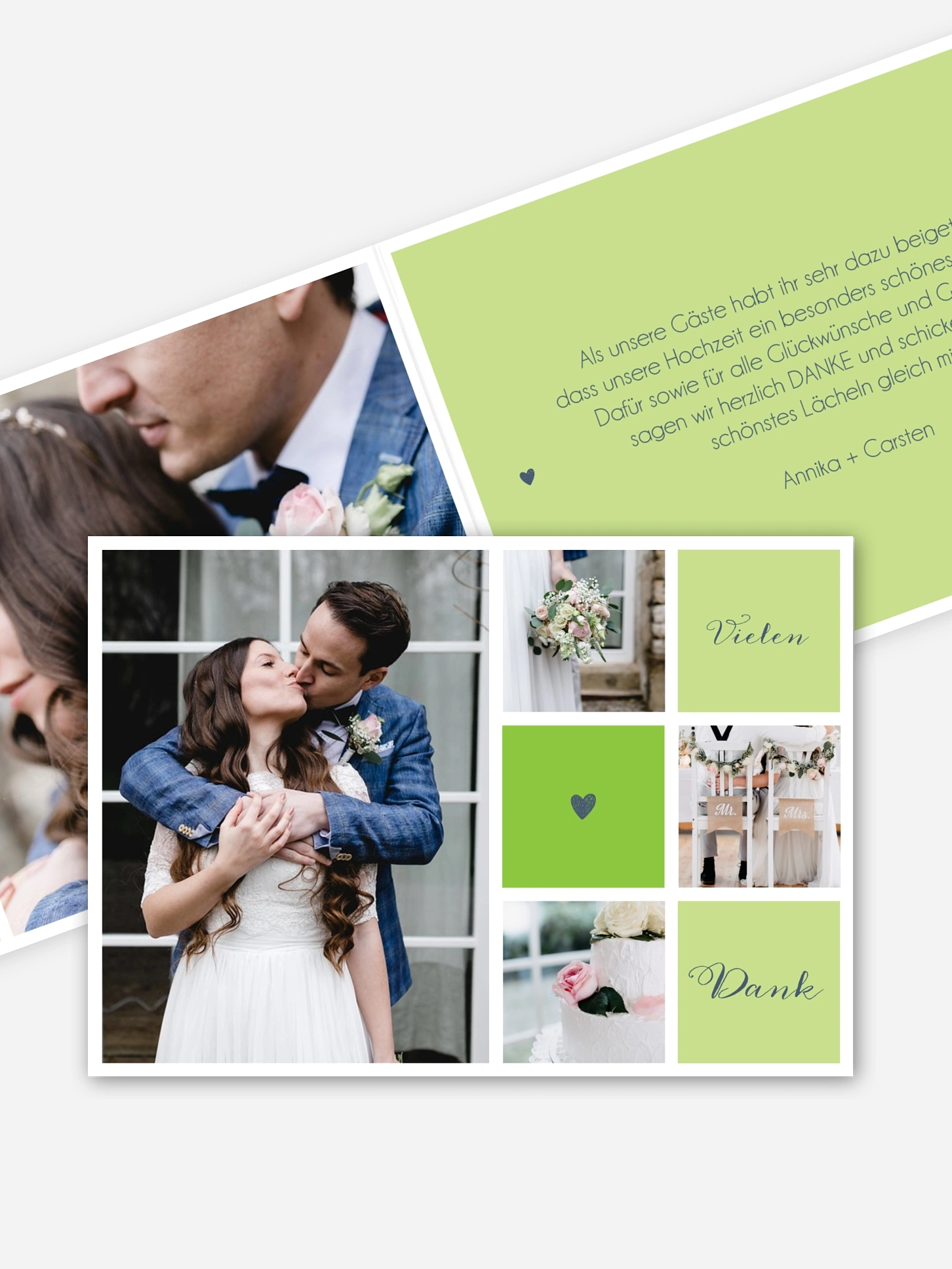 Dankeskarten Hochzeit mit Foto in hellgrün, Mittlere Klappkarte flach als Danksagungskarte Hochzeit, Hochzeit Danksagung Mit Herz mit Text gestalten.|