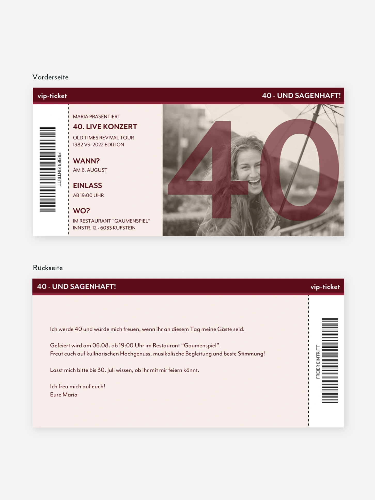 Einladung 40. Geburtstag Konzert Ticket