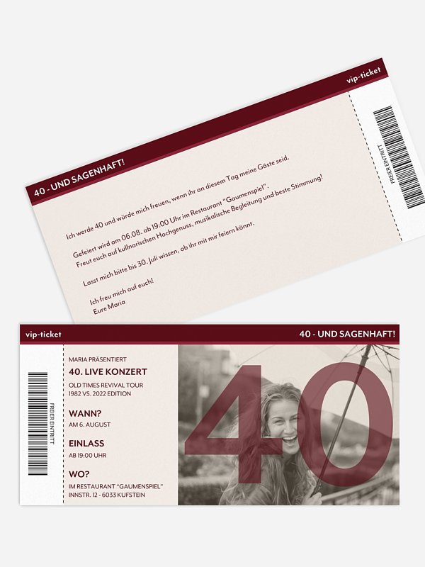 Einladung 40. Geburtstag Konzert Ticket