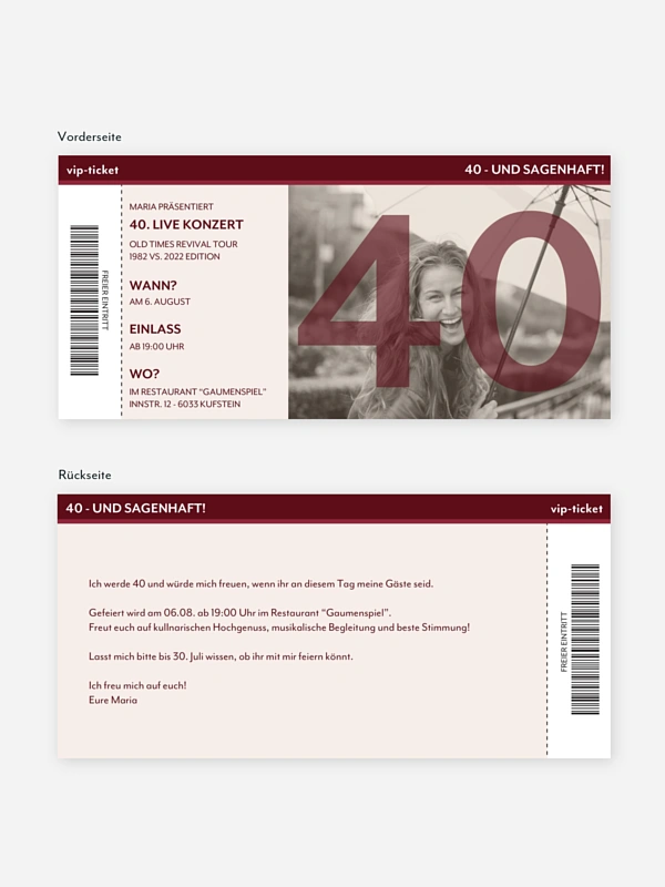 Einladung 40. Geburtstag Konzert Ticket