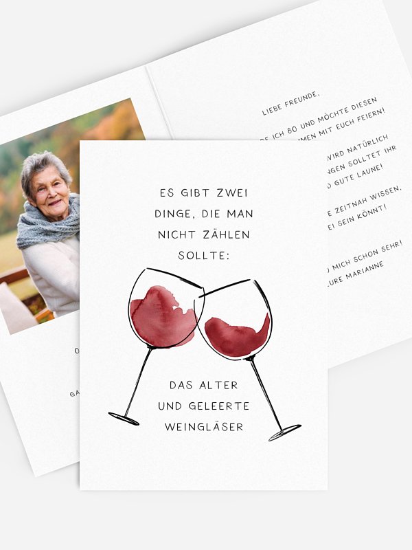 Einladung 80. Geburtstag Weingläser