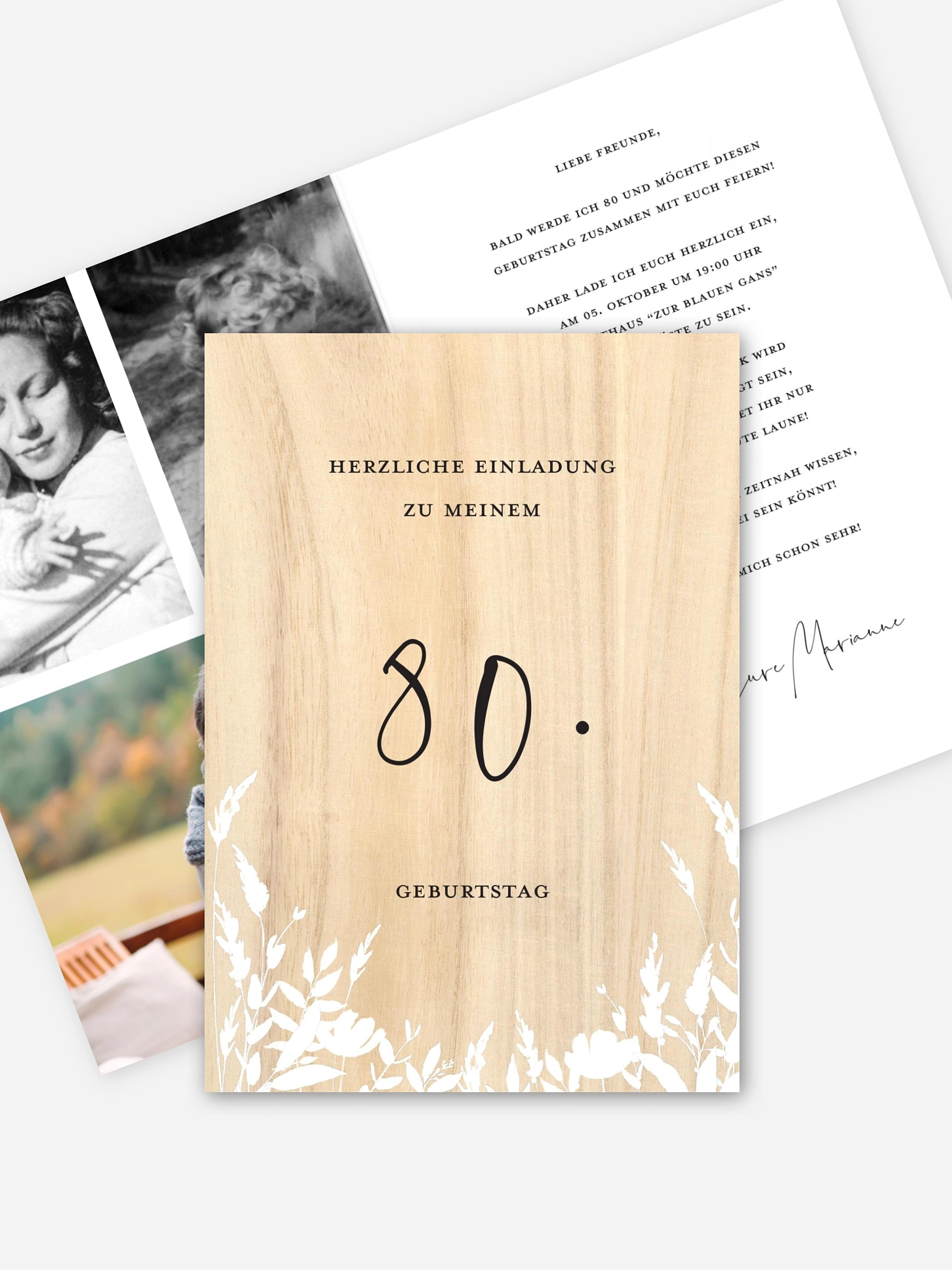 Einladung 80. Geburtstag Wooden Flower