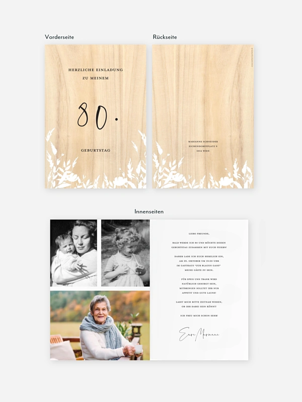 Einladung 80. Geburtstag Wooden Flower
