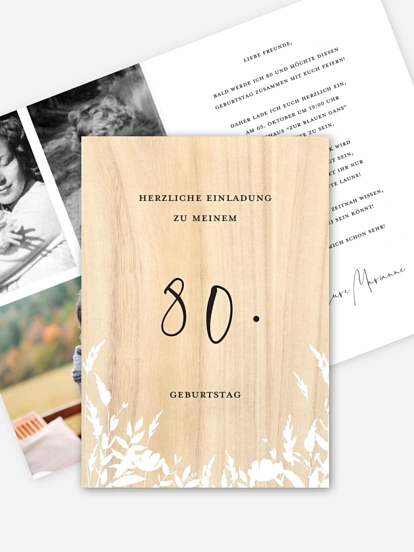 Einladung 80. Geburtstag Wooden Flower
