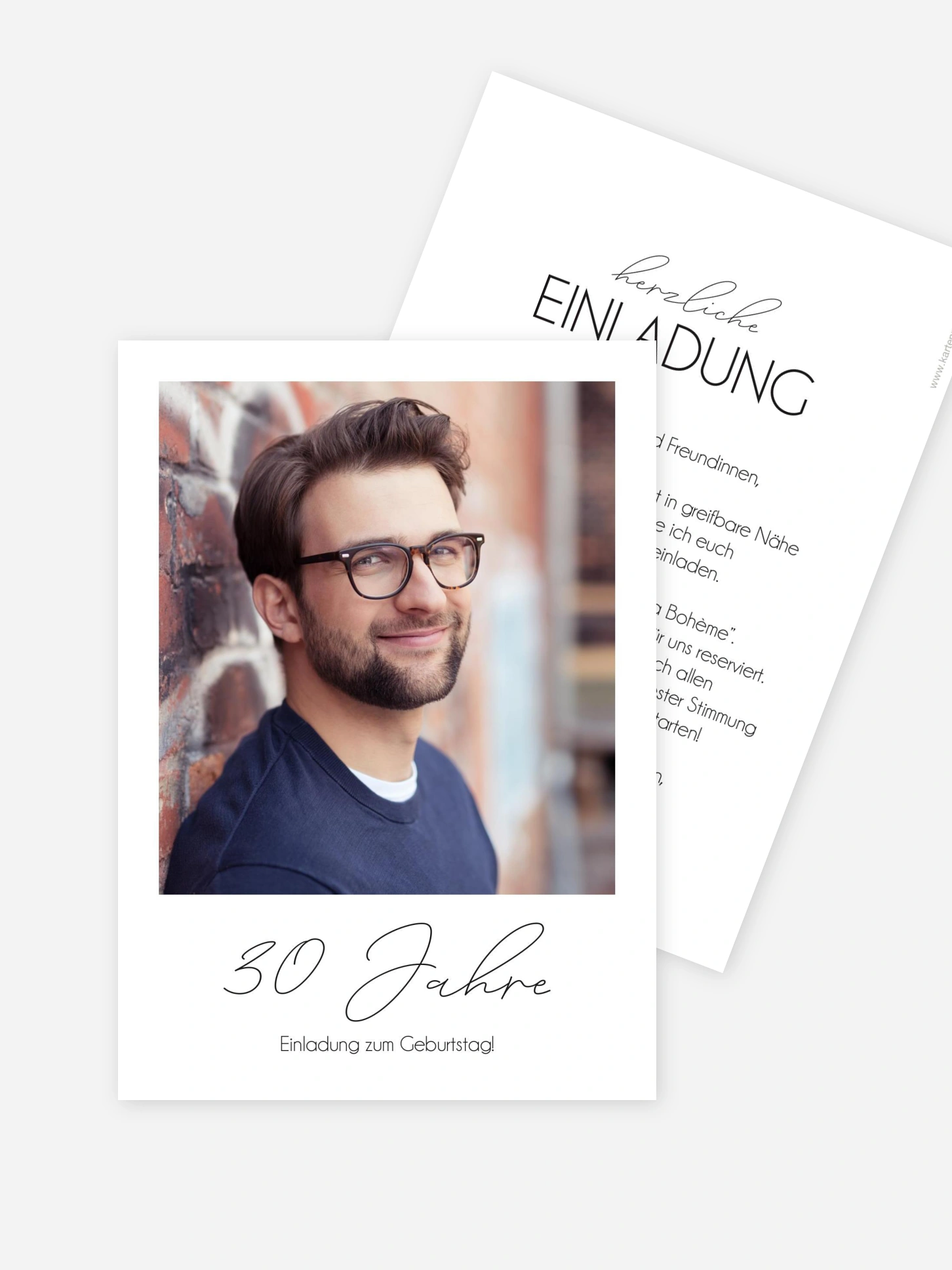 Einladung 30. Geburtstag in weiss, Postkarte hoch zum selbst gestalten. Geburtstagseinladung Design: Klarheit. Kartenmacherei Geburtstag|