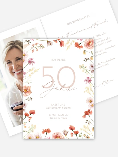 Einladung 50. Geburtstag Zarte Blumenpracht