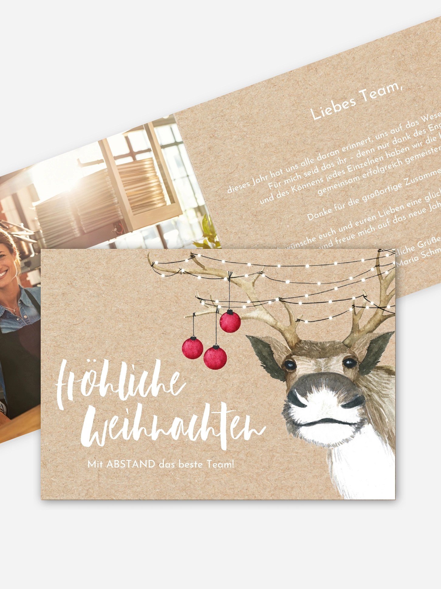 Geschäftliche Weihnachtskarte Rentier Mitarbeiter