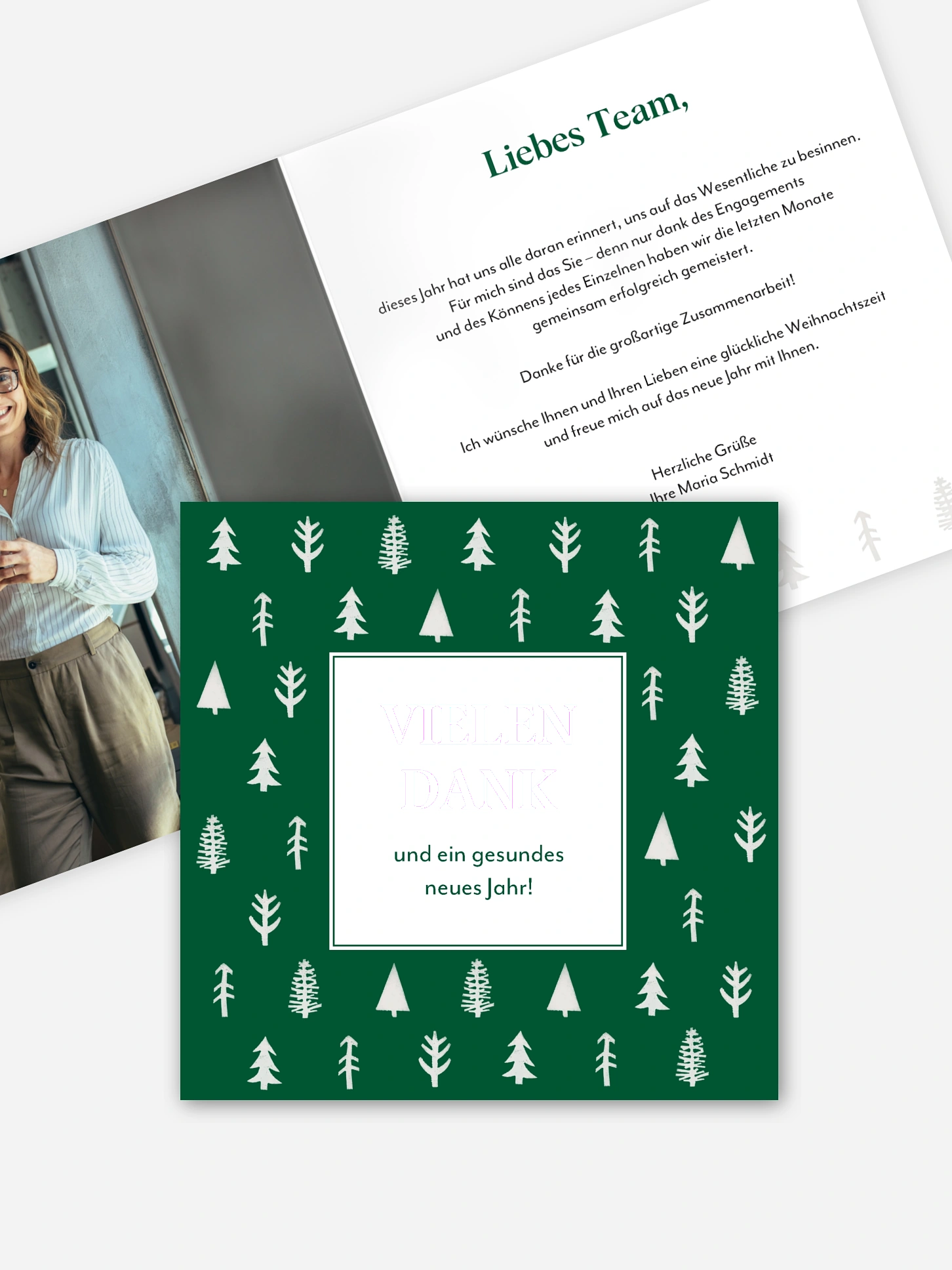 Geschäftliche Weihnachtskarte Tannenstempel Mitarbeiter