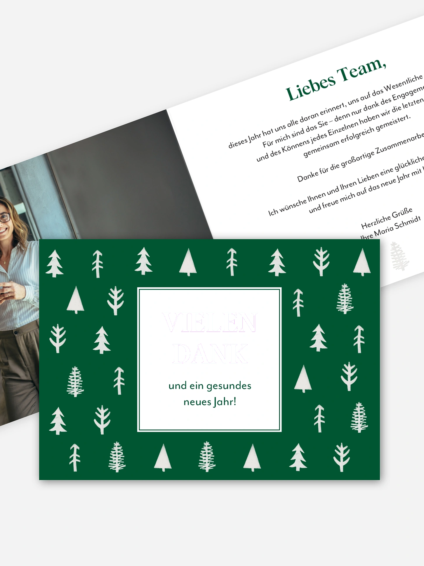 Geschäftliche Weihnachtskarte Tannenstempel Mitarbeiter