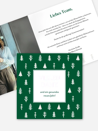 Geschäftliche Weihnachtskarte Tannenstempel Mitarbeiter