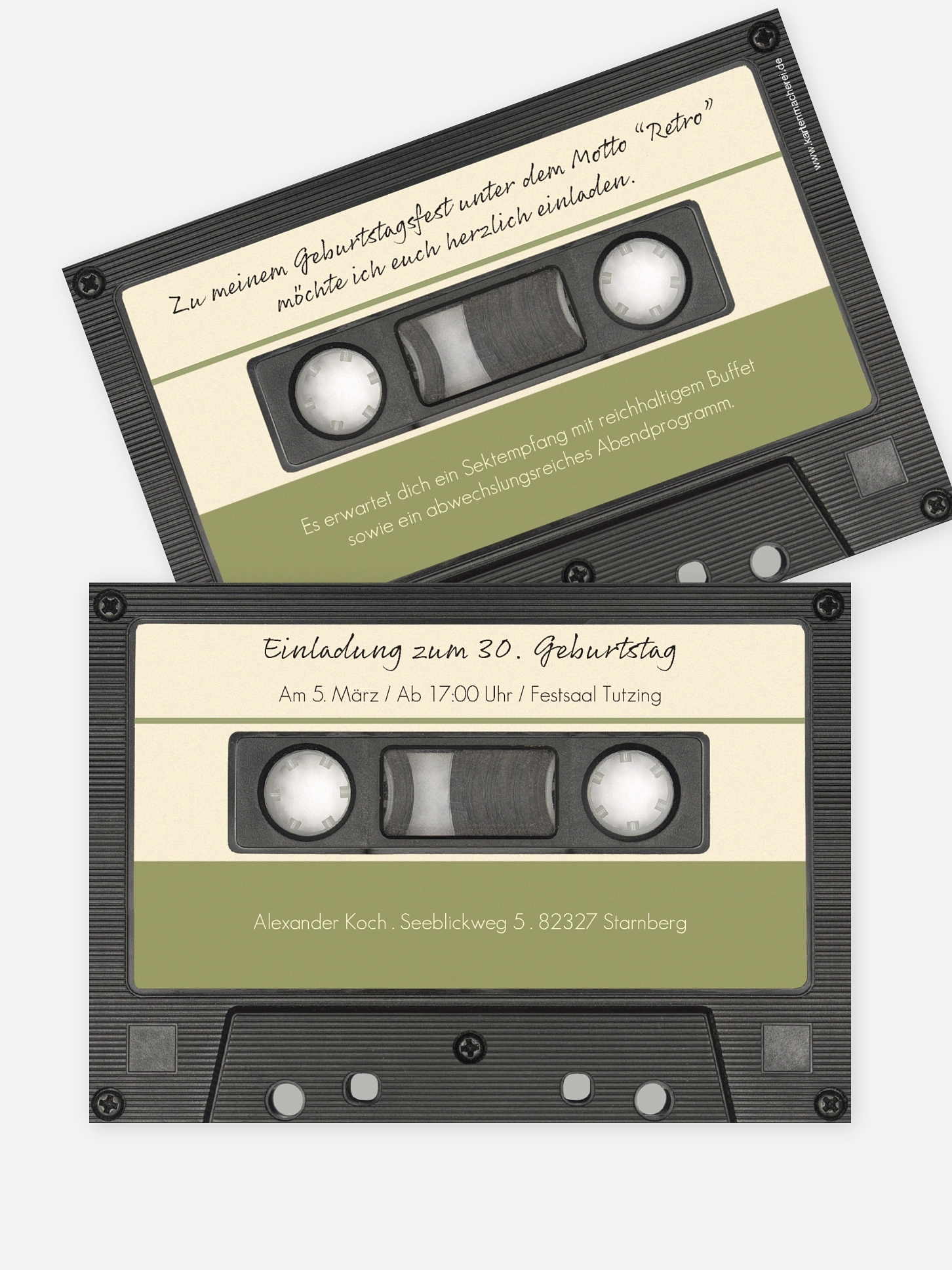 Einladung 30. Geburtstag in weiss, Postkarte flach zum selbst gestalten. Geburtstagseinladung Design: Tonband. Kartenmacherei Geburtstag|