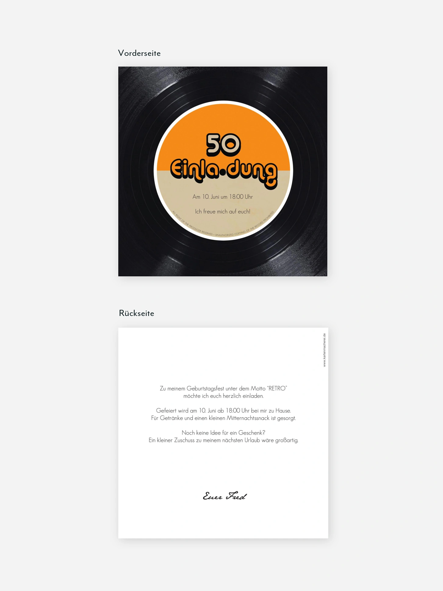 Einladung 50. Geburtstag Vinylplatte