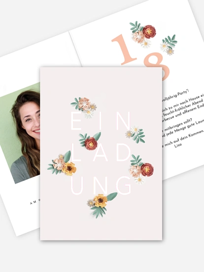 Einladung 18. Geburtstag Papierblumen
