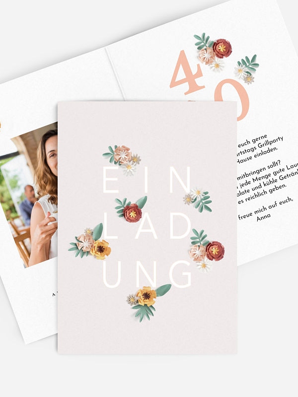 Einladung 40. Geburtstag Papierblumen
