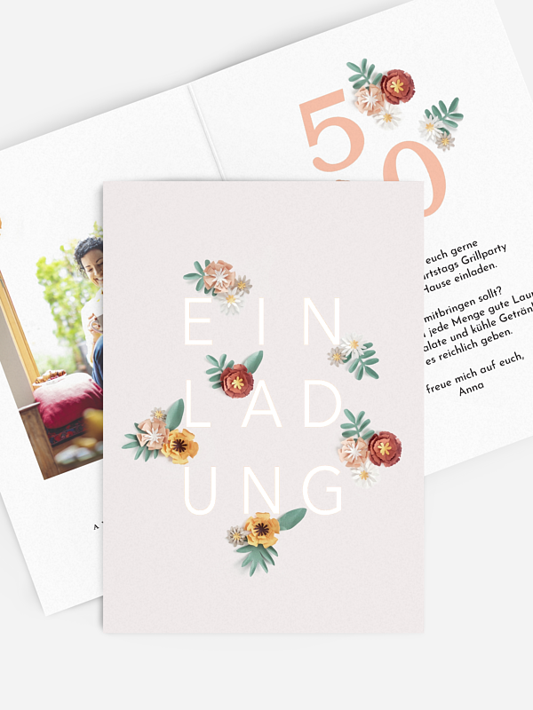 Einladung 50. Geburtstag Papierblumen