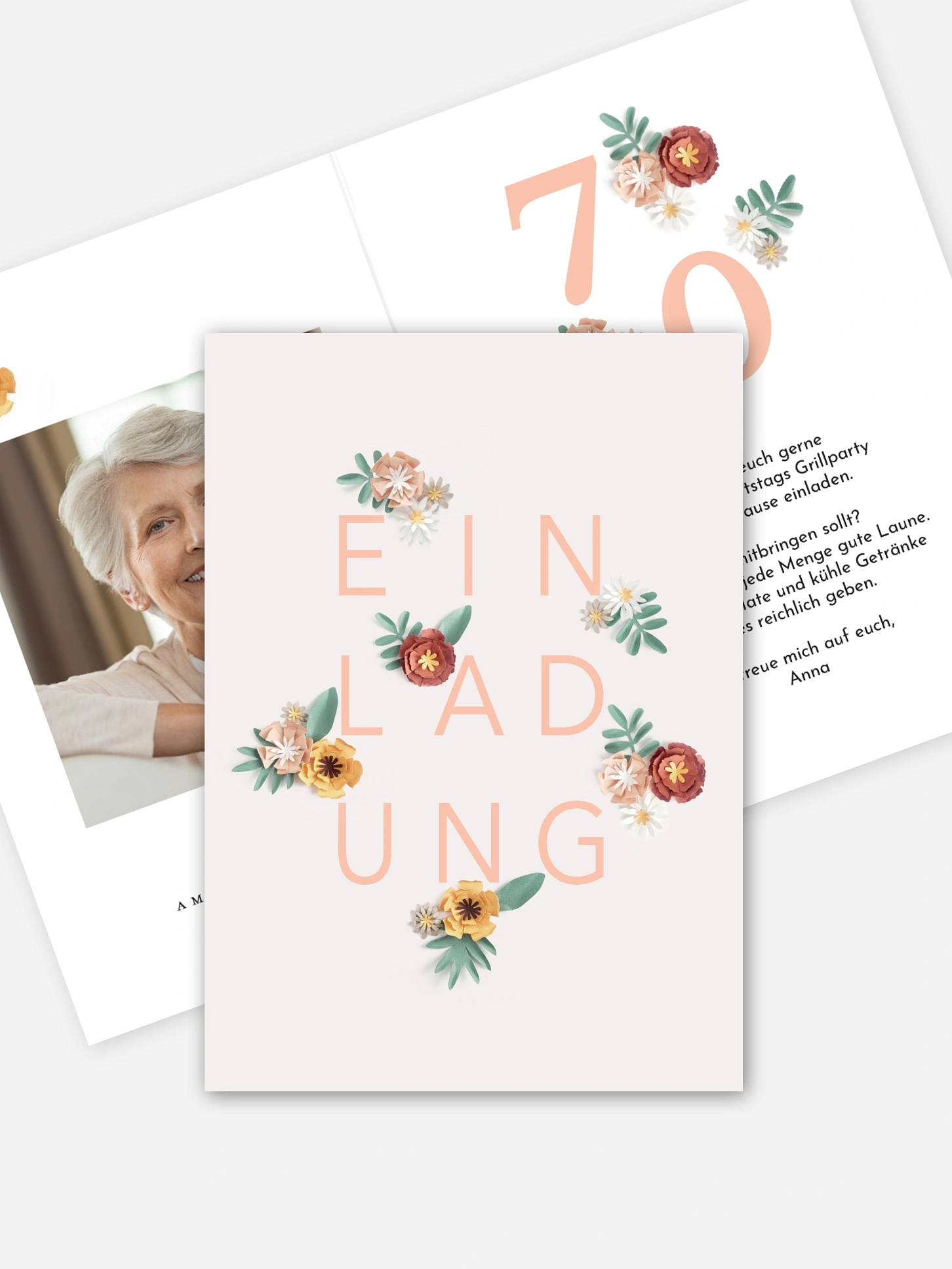 Einladung 70. Geburtstag Papierblumen