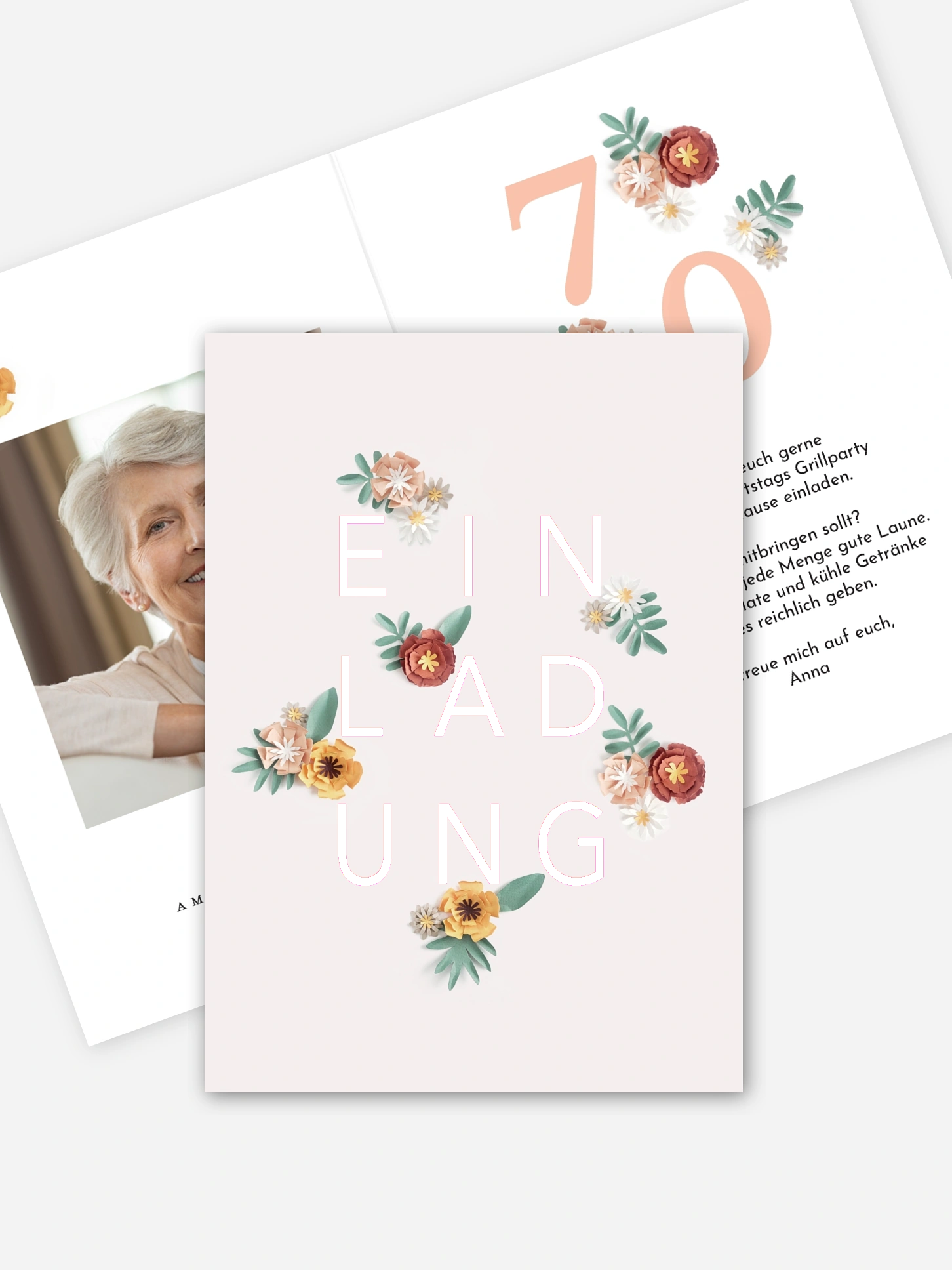 Einladung 70. Geburtstag Papierblumen