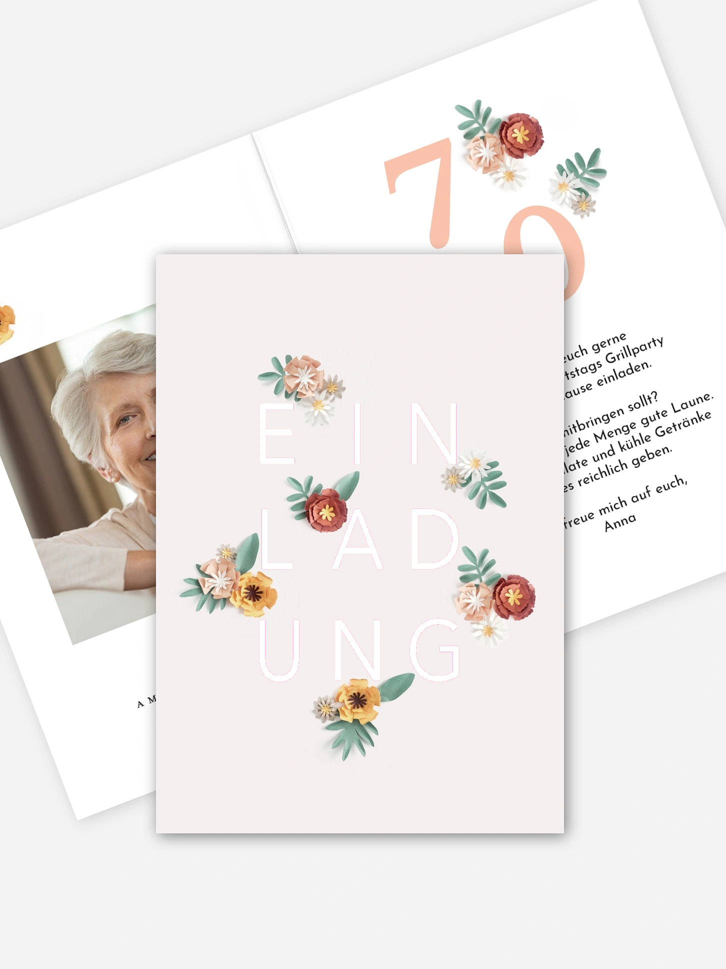 Einladung 70. Geburtstag Papierblumen