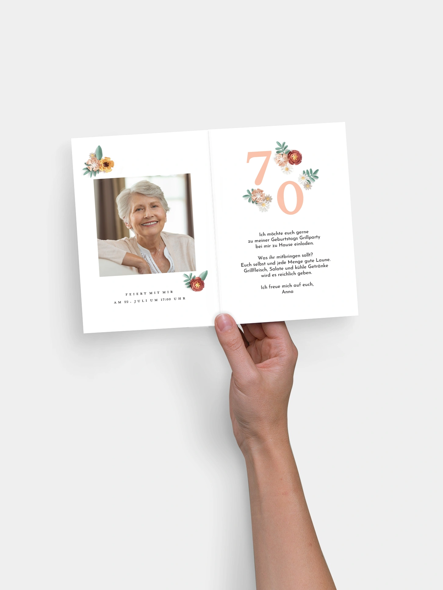 Einladung 70. Geburtstag Papierblumen