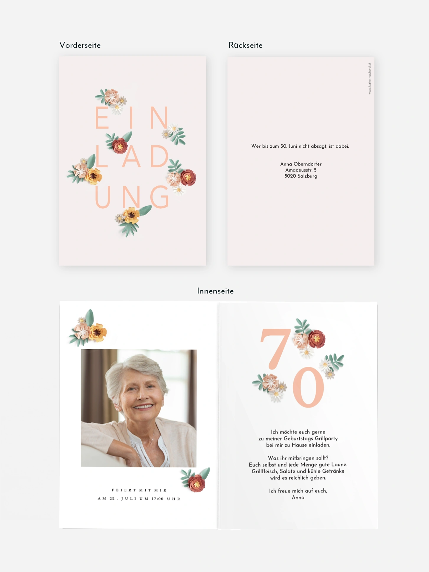 Einladung 70. Geburtstag Papierblumen