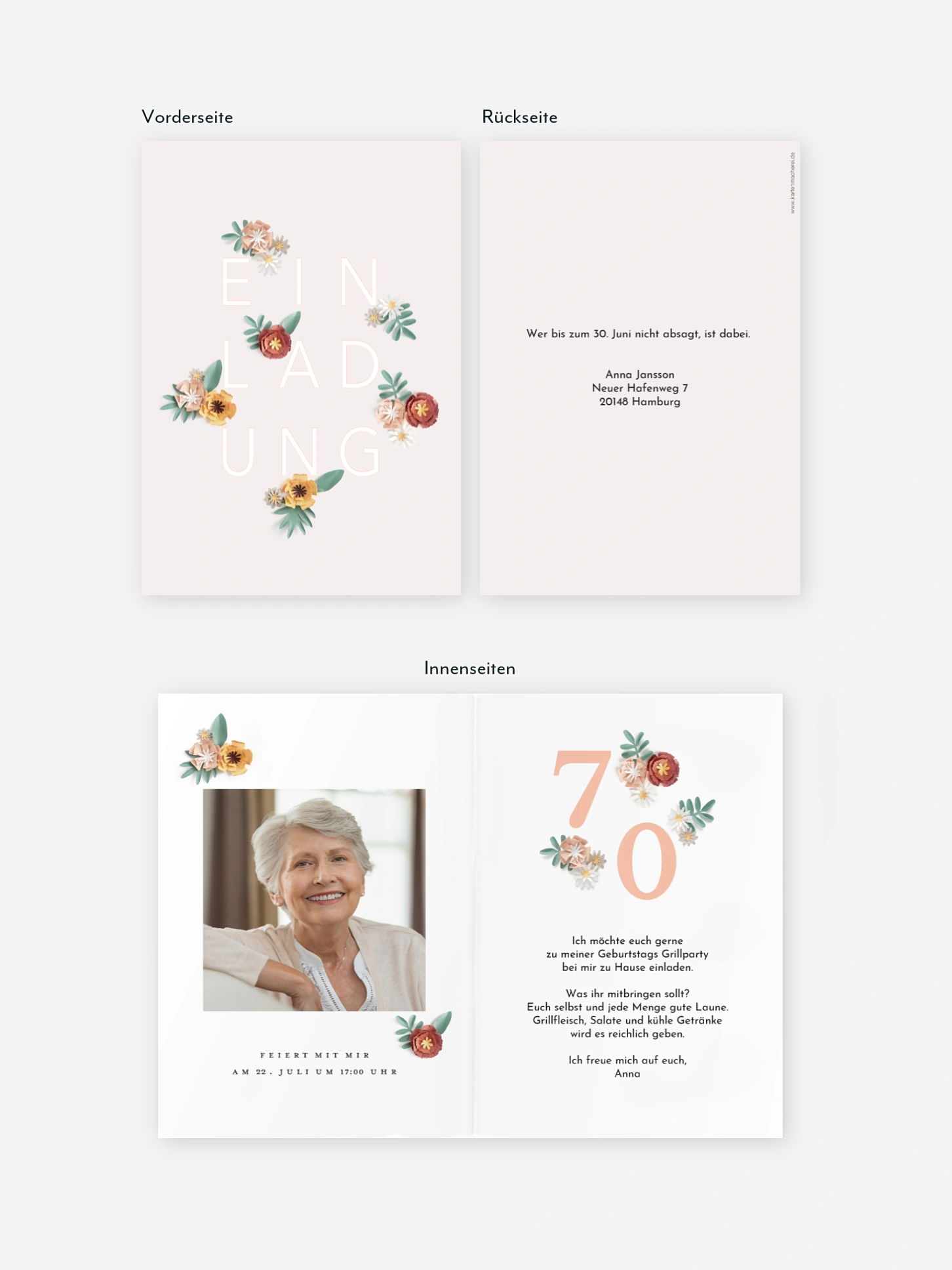 Einladung 70. Geburtstag Papierblumen