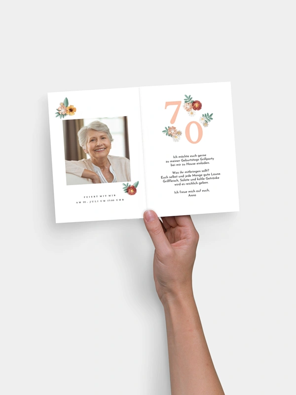 Einladung 70. Geburtstag Papierblumen