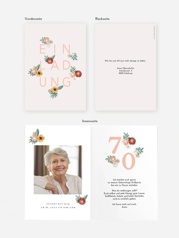 Einladung 70. Geburtstag Papierblumen