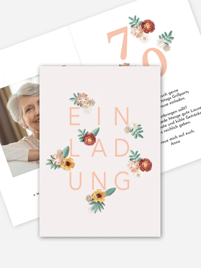 Einladung 70. Geburtstag Papierblumen
