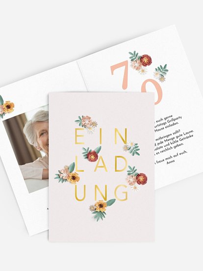 Einladung 70. Geburtstag Papierblumen