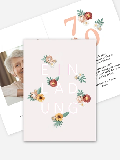 Einladung 70. Geburtstag Papierblumen