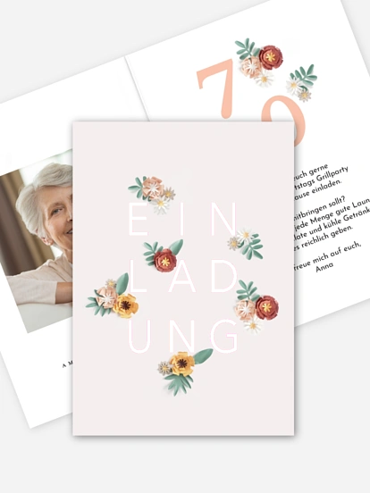 Einladung 70. Geburtstag Papierblumen