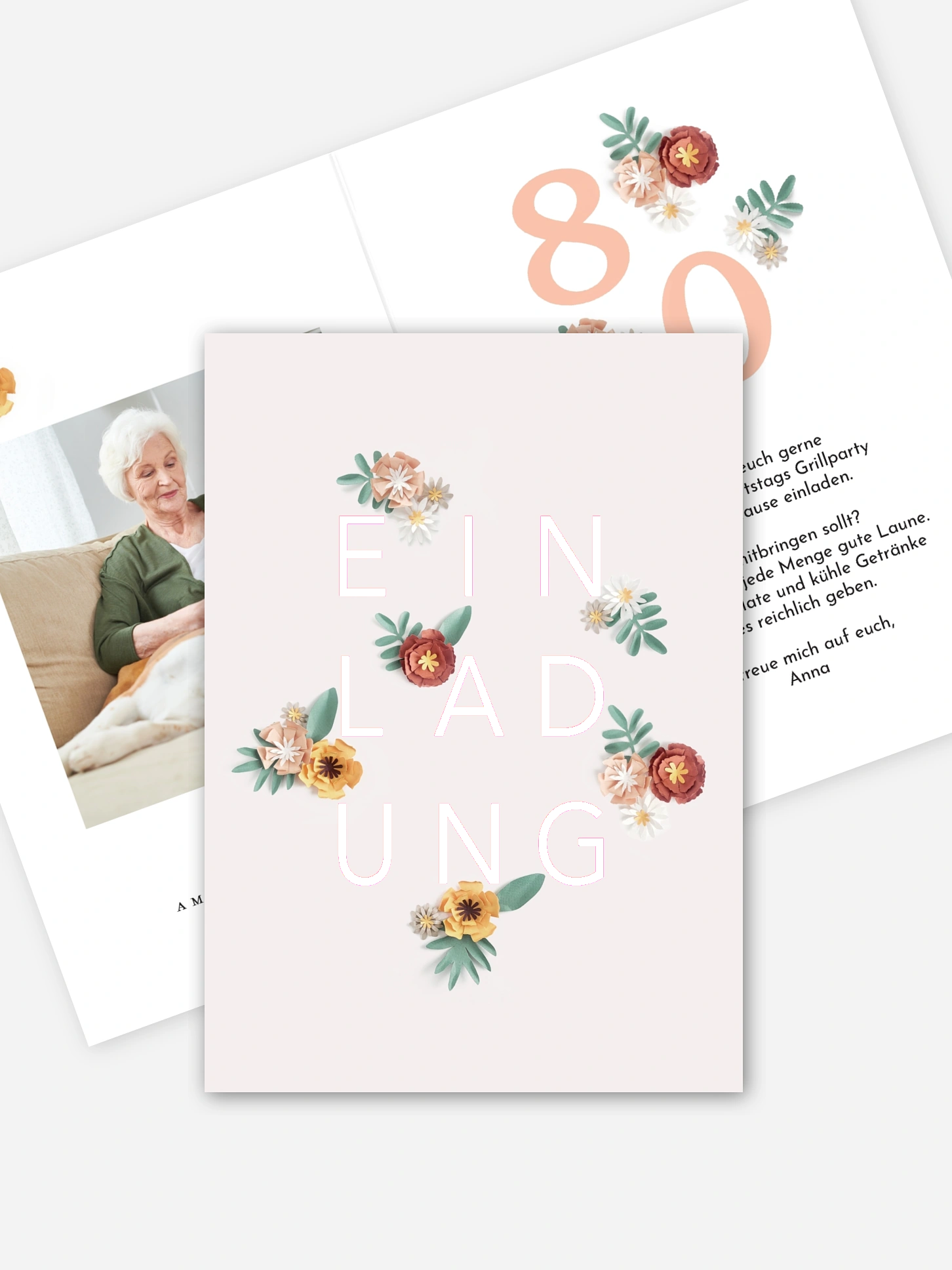 Einladung 80. Geburtstag Papierblumen
