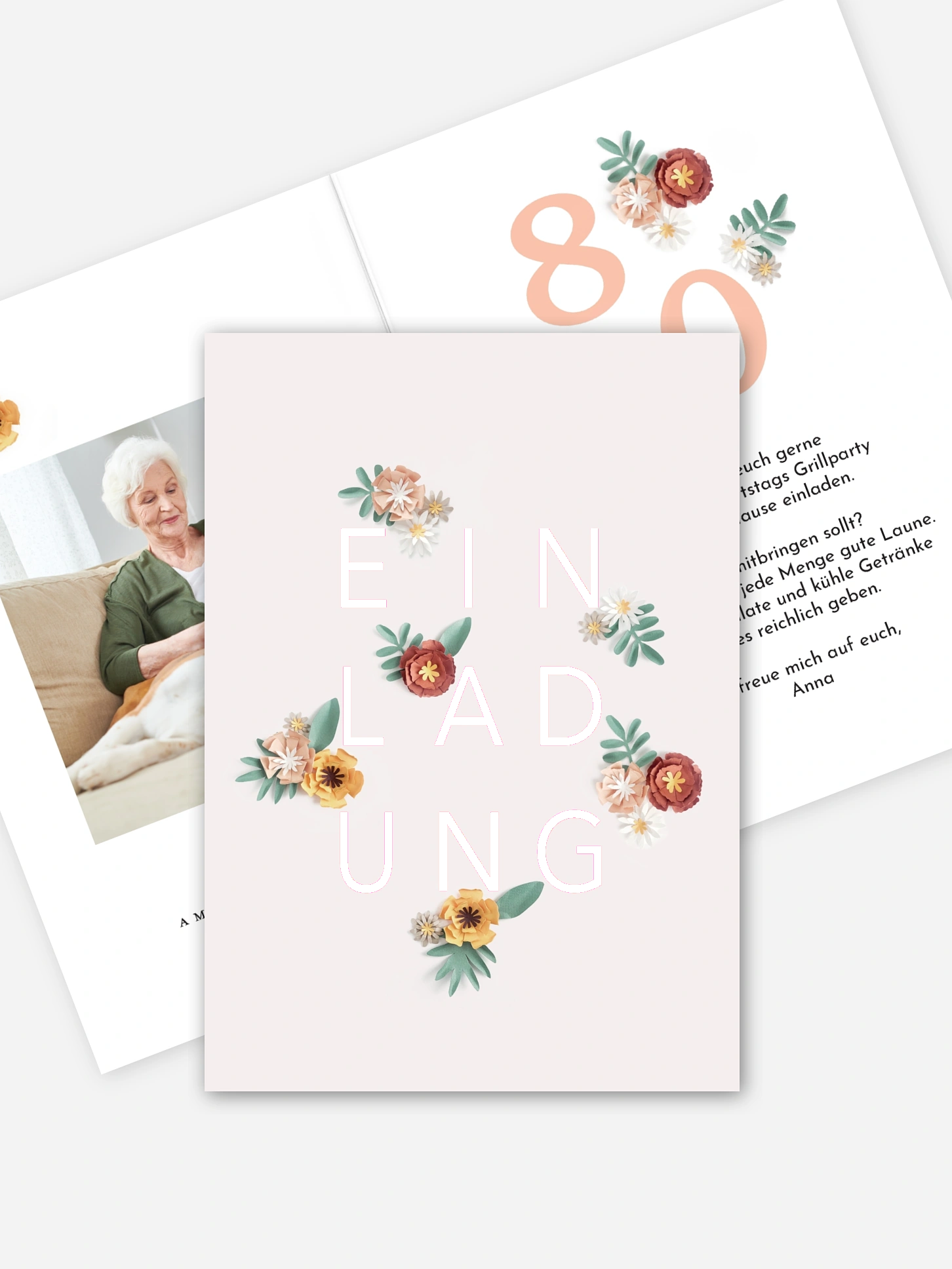 Einladung 80. Geburtstag Papierblumen