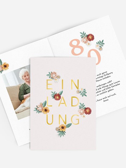 Einladung 80. Geburtstag Papierblumen