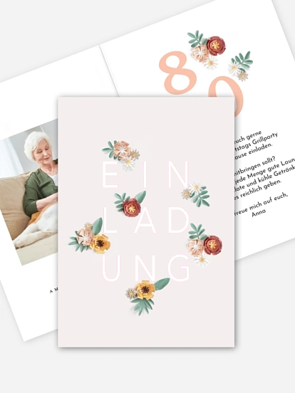 Einladung 80. Geburtstag Papierblumen