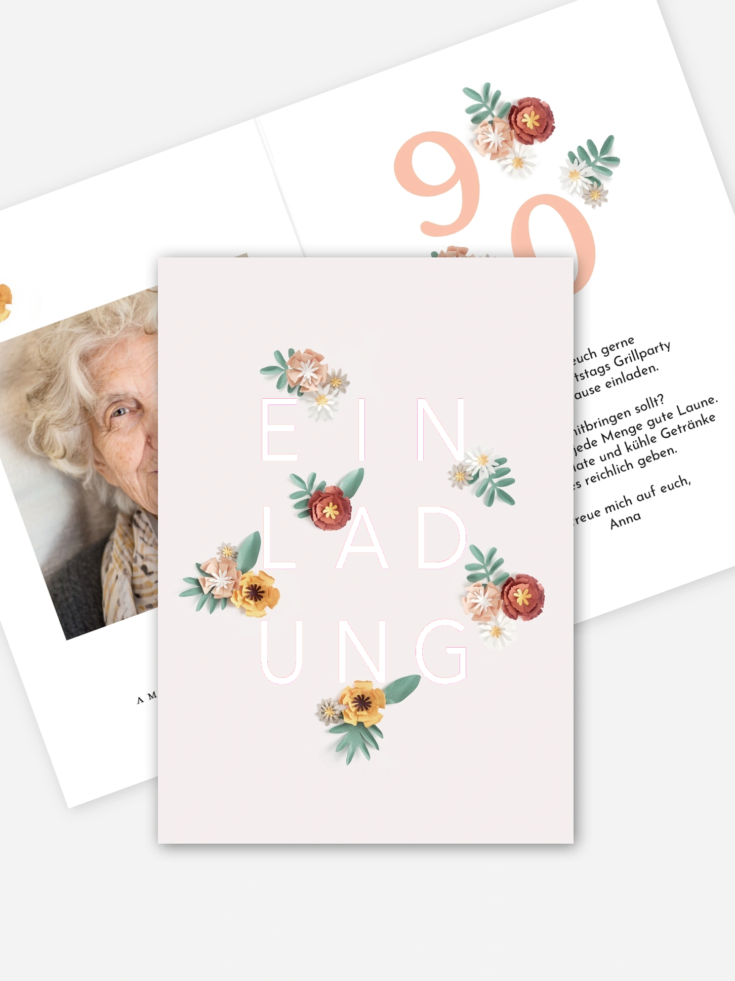 Einladung 90. Geburtstag Papierblumen